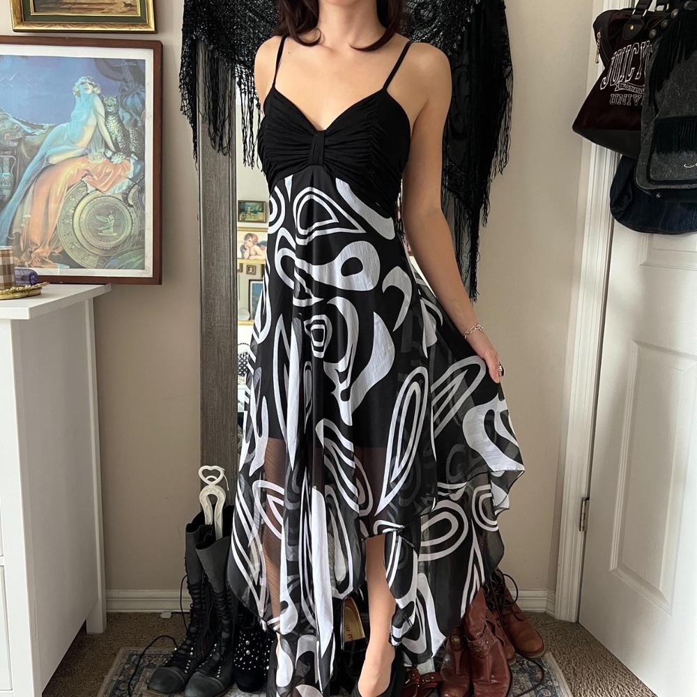 Y2K Black White Swirl Art Pattern Asymmetrical Hem Maxi Dress Goth Grunge